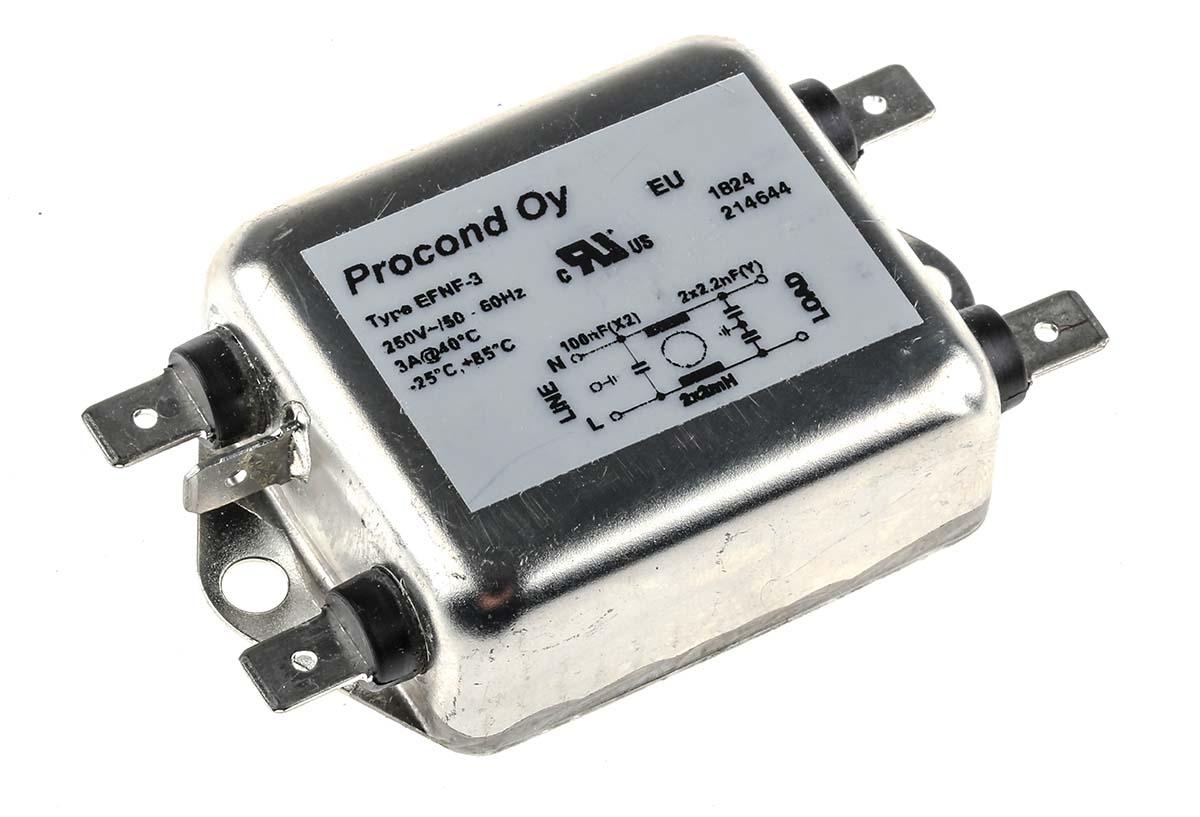 Produktfoto 1 von RS PRO Entstörfilter, 250 V ac, 3A, Gehäusemontage, Flachstecker 0,2 mA / 400Hz Single Stage Zustände