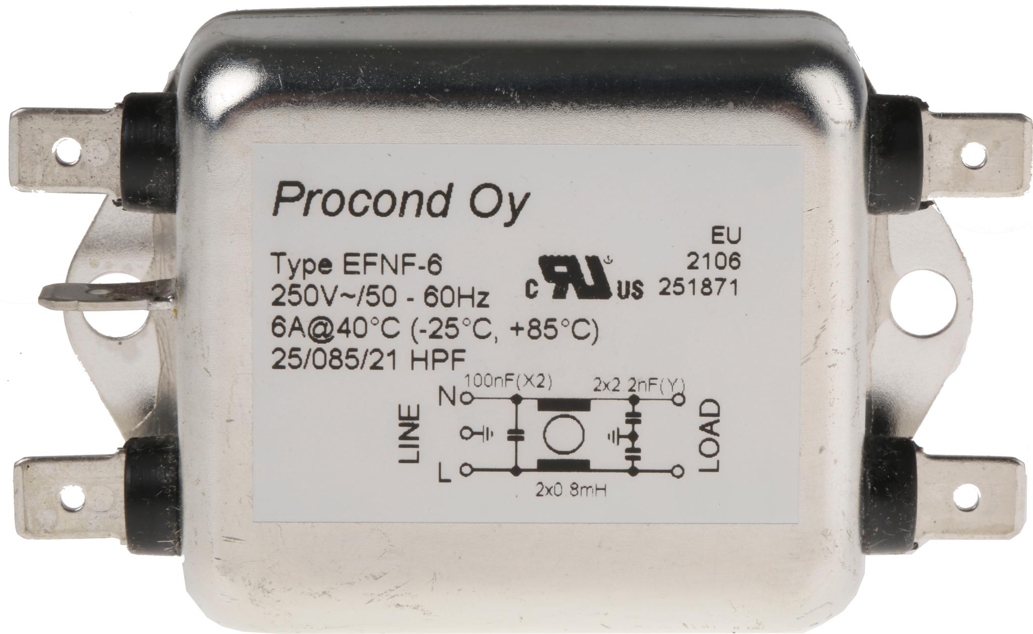 Produktfoto 1 von RS PRO Entstörfilter, 250 V ac, 6A, Gehäusemontage, Flachstecker 0,2 mA / 400Hz Single Stage Zustände