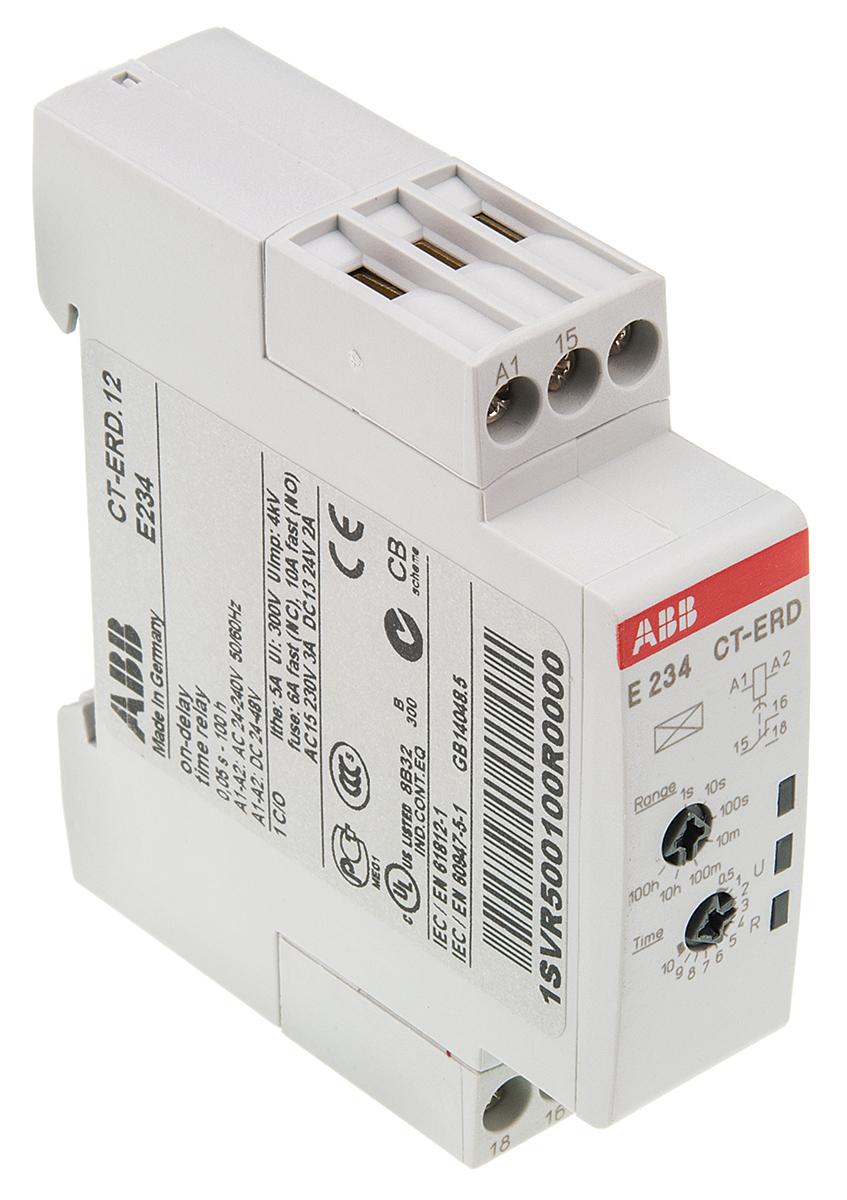 Produktfoto 1 von ABB Zeitrelais, DIN-Schienen, 0.05 s → 100h, 24 → 240 V ac, 24 → 48V dc, 1 Kont. Einfach,