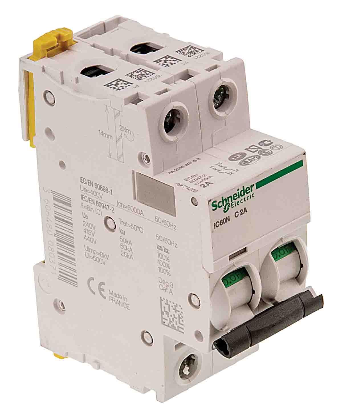 Produktfoto 1 von Schneider Electric iC60N MCB Leitungsschutzschalter Typ C, 2-polig 1A 100 → 130V, Abschaltvermögen 6 kA Acti 9