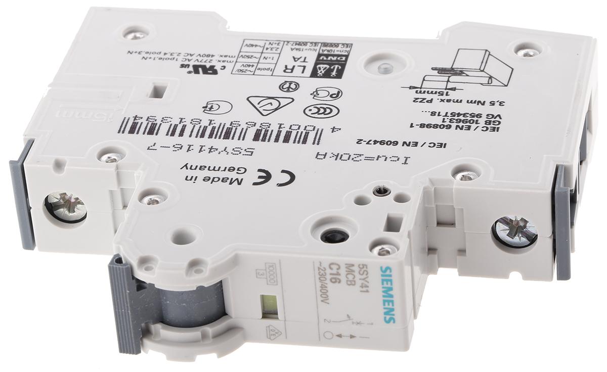 Siemens 5SY4 MCB Leitungsschutzschalter Typ C, 1-polig 16A 400V, Abschaltvermögen 10 kA Sentron DIN-Schienen-Montage