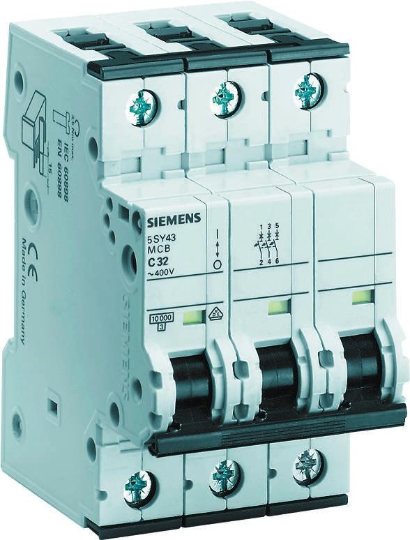 Siemens 5SY4 MCB Leitungsschutzschalter Typ C, 3-polig 20A 400V, Abschaltvermögen 10 kA Sentron DIN-Schienen-Montage