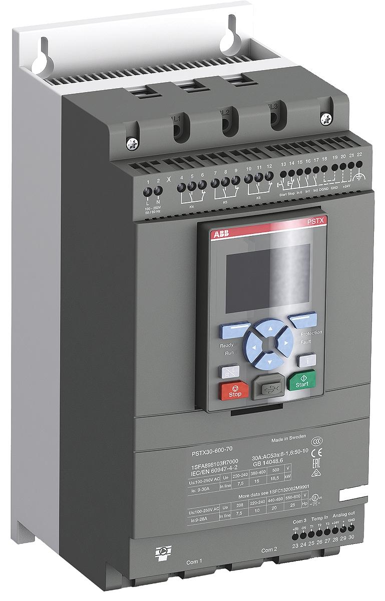 Produktfoto 1 von ABB PSTX Sanftstarter 3-phasig 18,5 kW (In-Line), 30 kW (interne Dreiecksschaltung), 208 → 600 V ac / 30 A