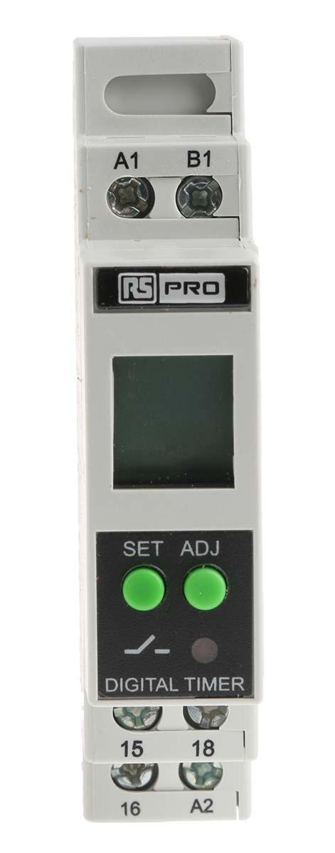 Produktfoto 1 von RS PRO Zeitrelais, DIN-Schienen, 01. s → 999h, 24 → 240V ac/dc, 1 Kont. Multifunktion, 1-poliger Wechsler