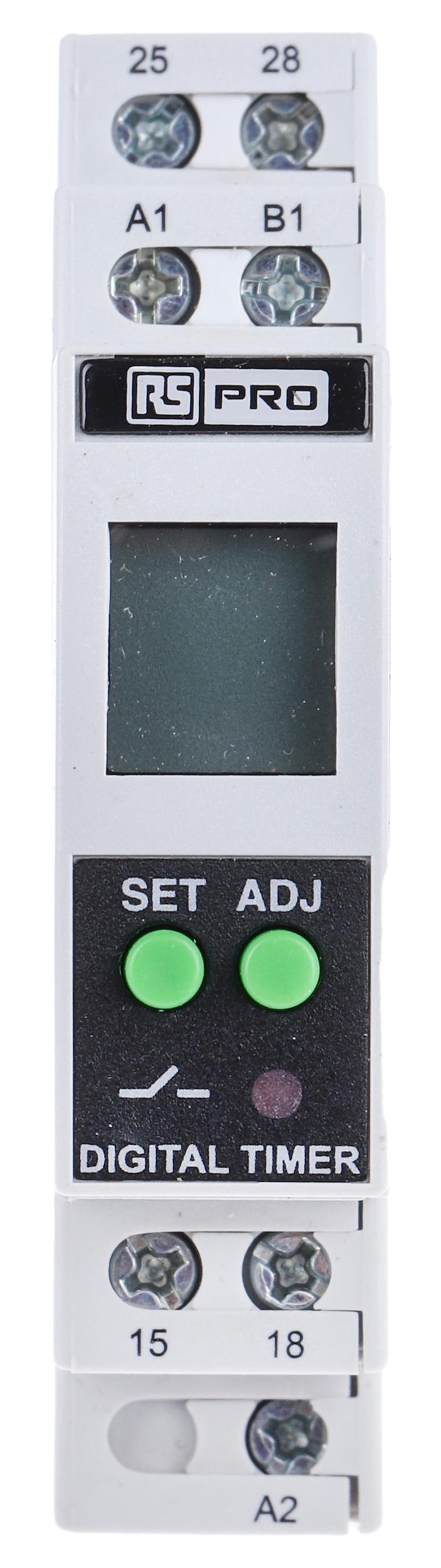 Produktfoto 1 von RS PRO Zeitrelais, DIN-Schienen, 01. s → 999h, 24 → 240V ac/dc, 2 Kont. Multifunktion, DPST