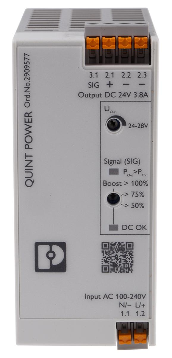 Produktfoto 1 von Phoenix Contact QUINT4-PS/1AC/24DC/3.8/PT Switch-Mode DIN-Schienen Netzteil 90W, 230V ac, 24V dc / 3.8A