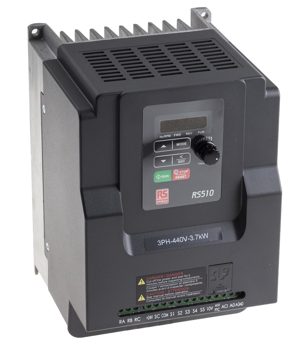 Produktfoto 1 von RS PRO, 3-Phasen Frequenzumrichter 3,7 kW, 380 → 480 V ac / 10,1 A 599Hz