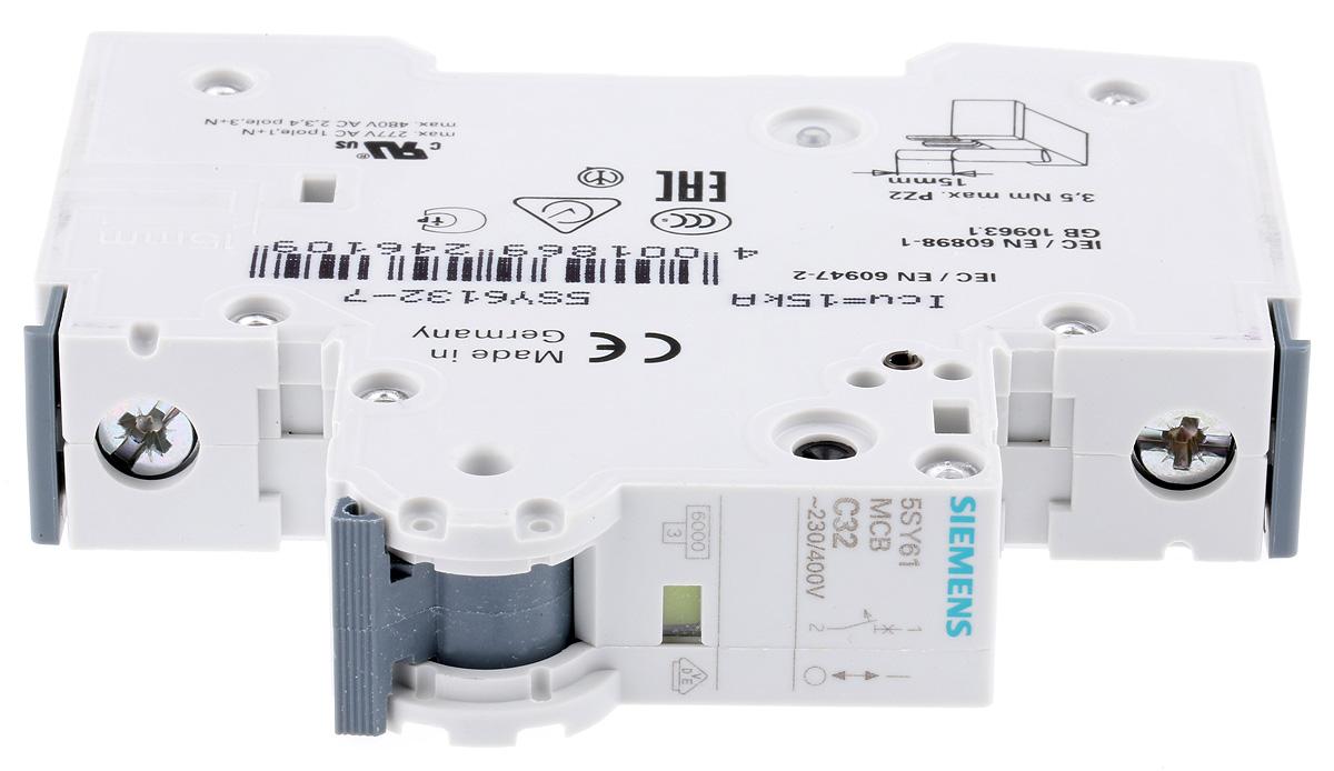 Siemens 5SY6 MCB Leitungsschutzschalter Typ C, 1-polig 32A 230V, Abschaltvermögen 6 kA Sentron DIN-Schienen-Montage