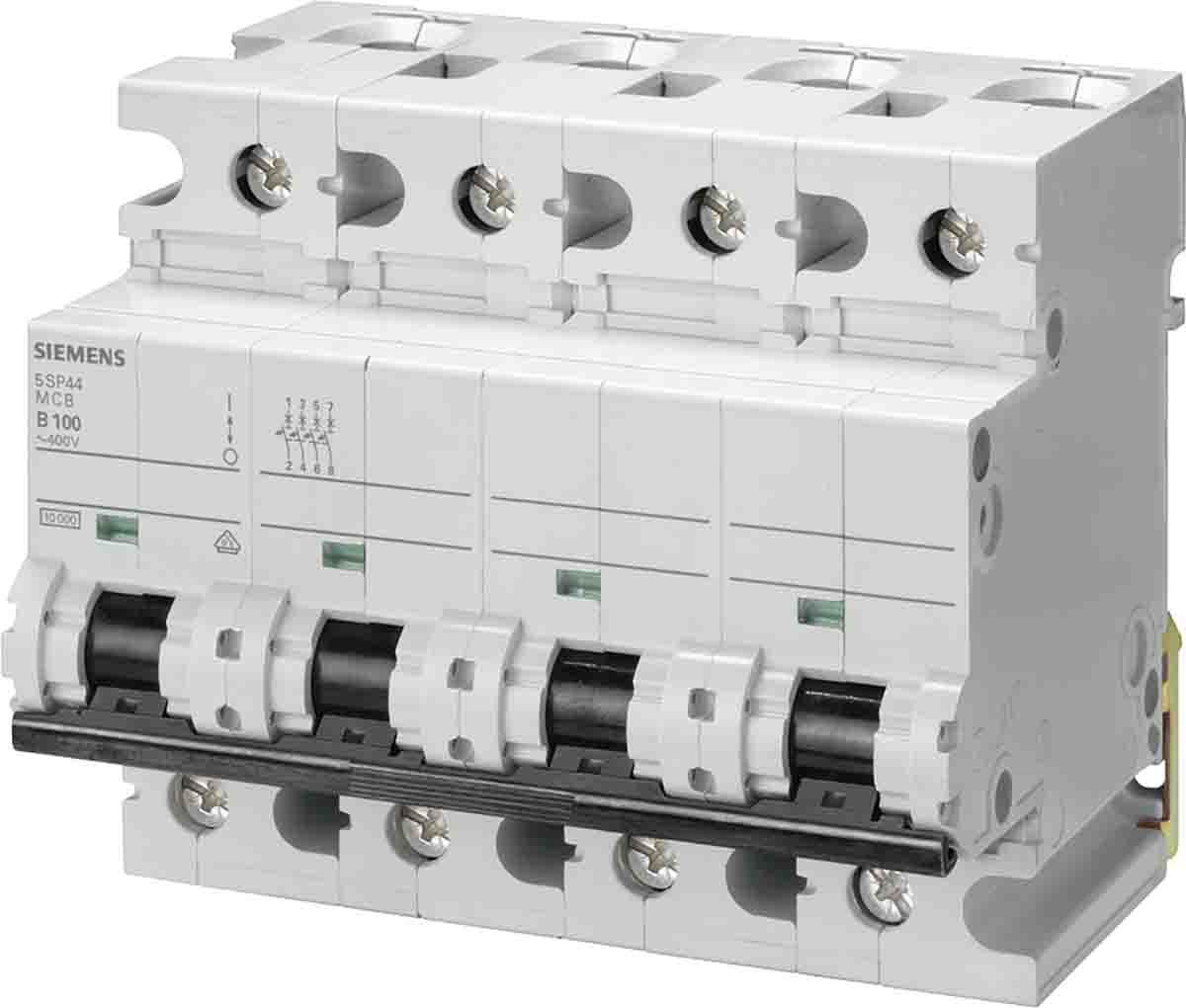 Siemens 5SP4 MCB Leitungsschutzschalter Typ D, 4-polig 100A 400V, Abschaltvermögen 10 kA SENTRON DIN-Schienen-Montage