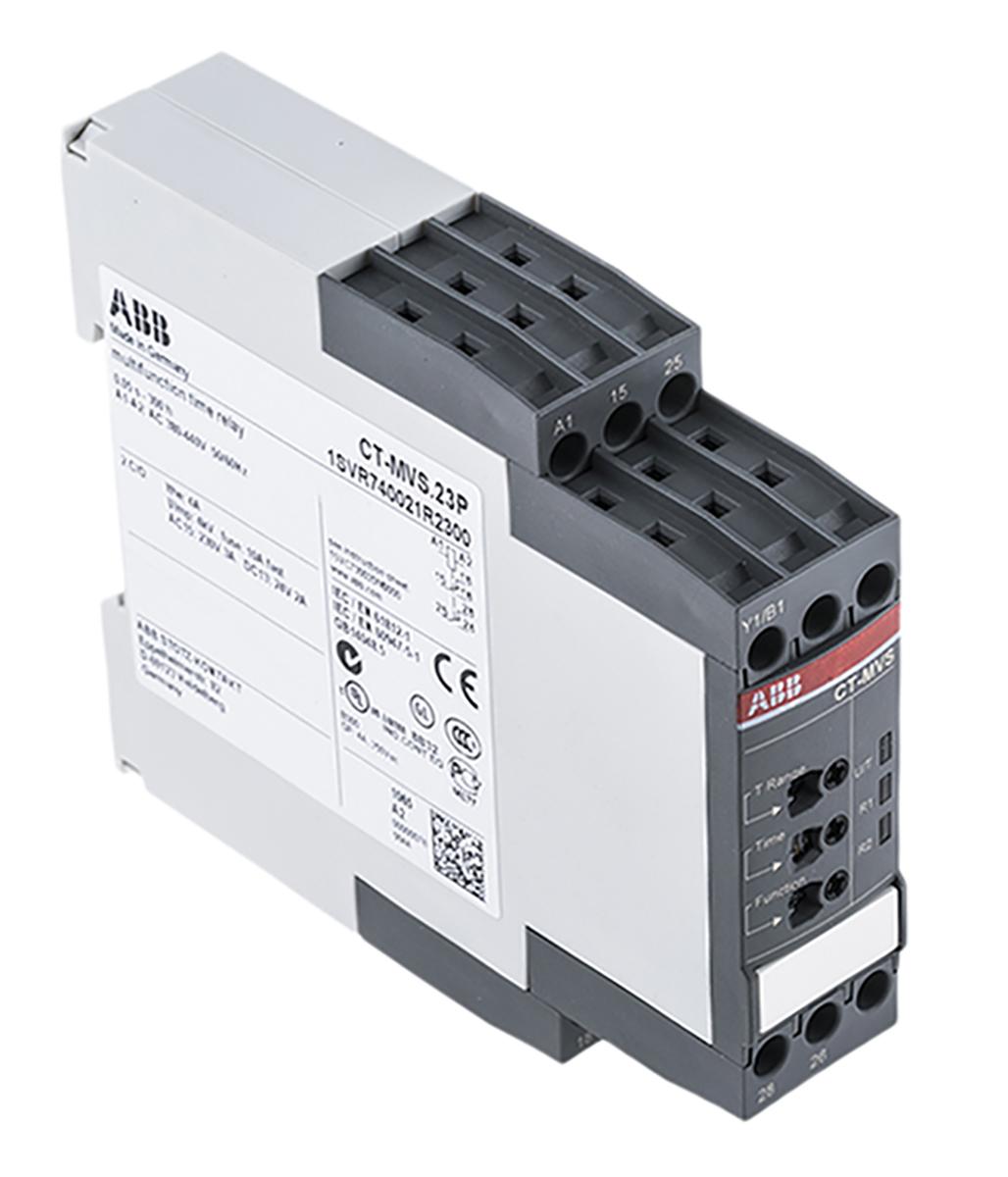 Produktfoto 1 von ABB Zeitrelais, DIN-Schienen, 0.05 s → 300h, 380 → 440V ac, 2 Kont. Multifunktion, 2-poliger Wechsler