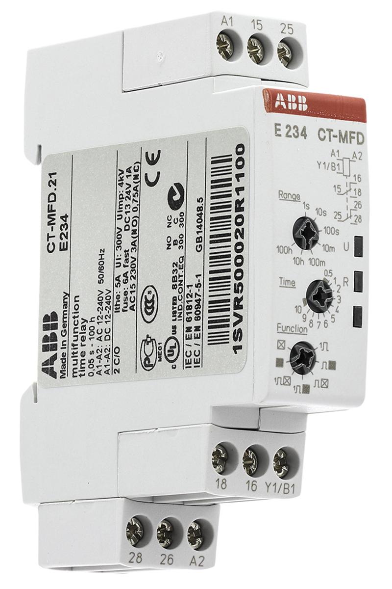 Produktfoto 1 von ABB Zeitrelais, DIN-Schienen, 0.05 s → 100h, 12 → 24V ac/dc, 2 Kont. Multifunktion, 2-poliger Wechsler