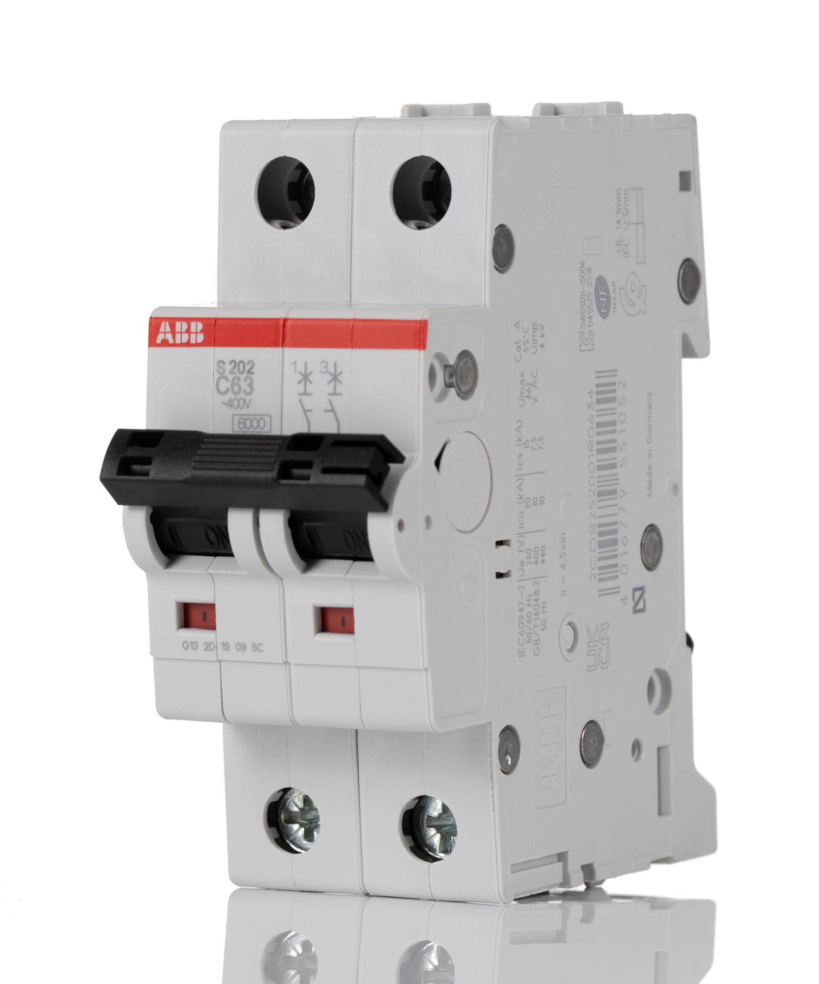 Produktfoto 1 von ABB S200 MCB Leitungsschutzschalter Typ C, 2-polig 63A 440V, Abschaltvermögen 6 kA System Pro M Compact