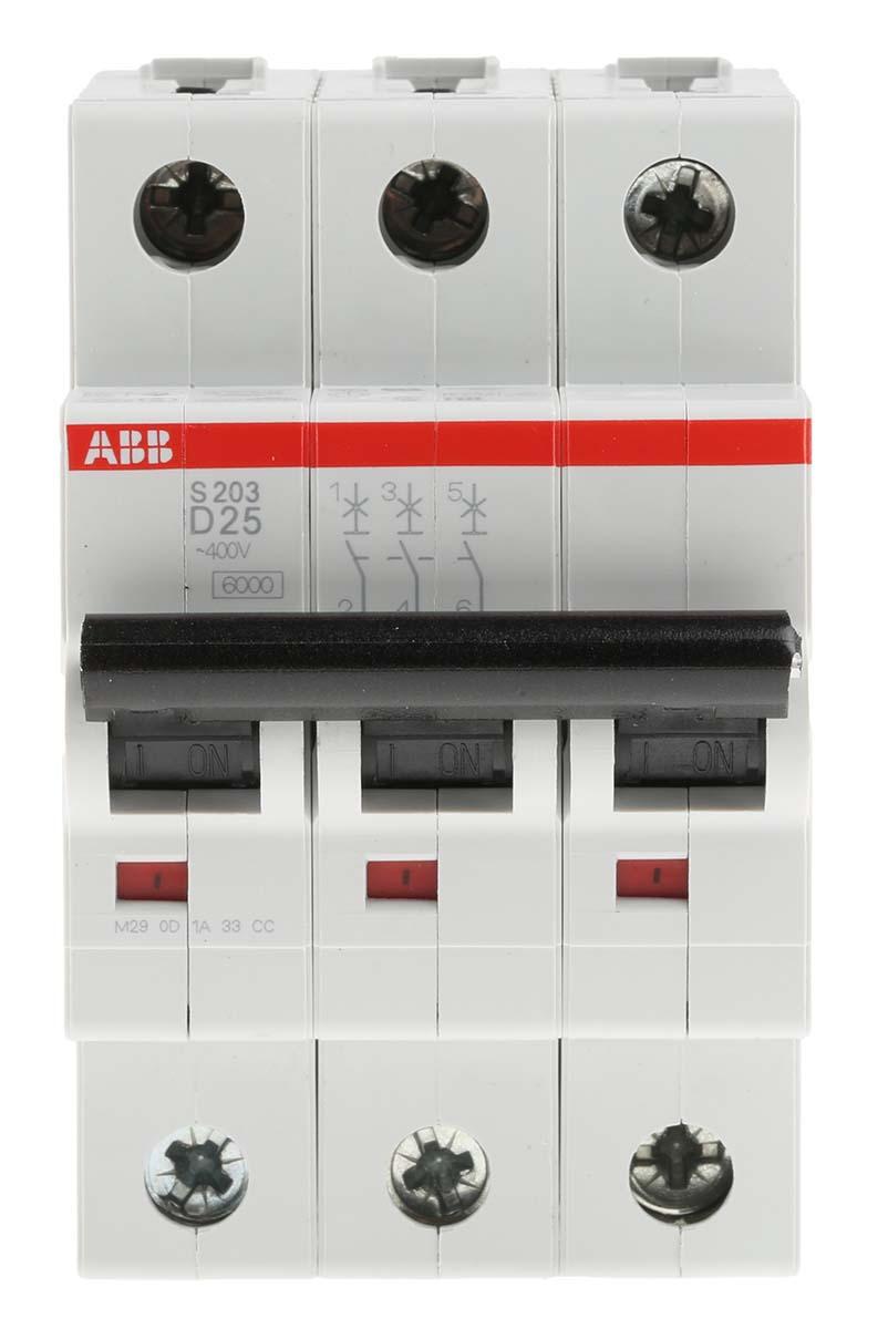 Produktfoto 1 von ABB S200 MCB Leitungsschutzschalter Typ D, 3-polig 25A 440V, Abschaltvermögen 6 kA System Pro M Compact