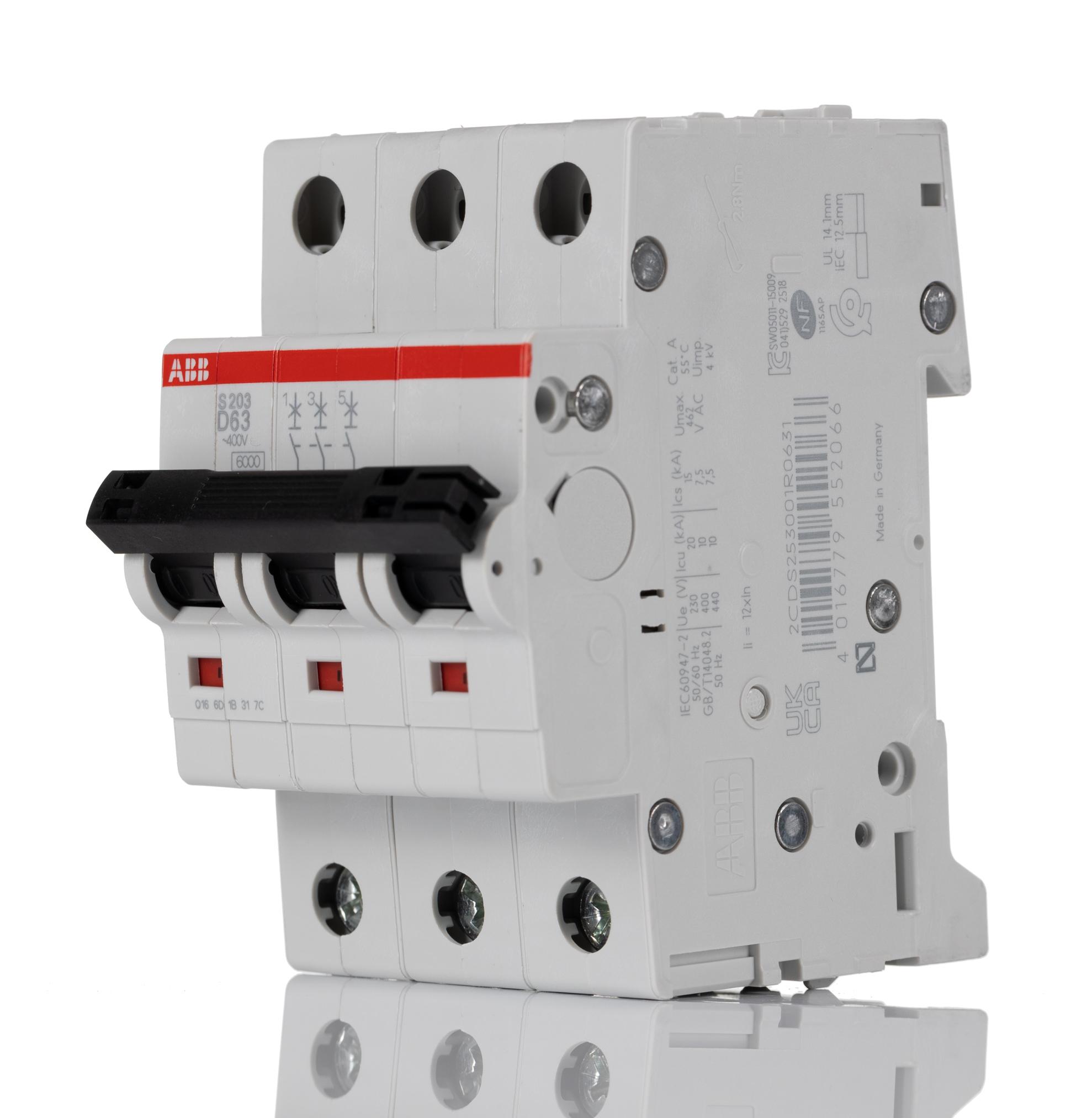 Produktfoto 1 von ABB S200 MCB Leitungsschutzschalter Typ D, 3-polig 63A 440V, Abschaltvermögen 6 kA System Pro M Compact