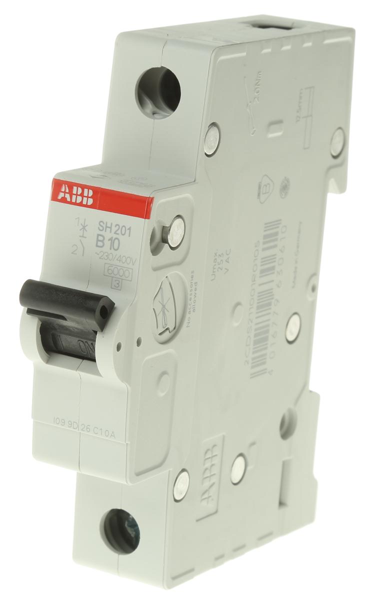 ABB SH200 MCB Leitungsschutzschalter Typ B, 1-polig 10A 440V, Abschaltvermögen 6 kA Compact Home DIN-Schienen-Montage