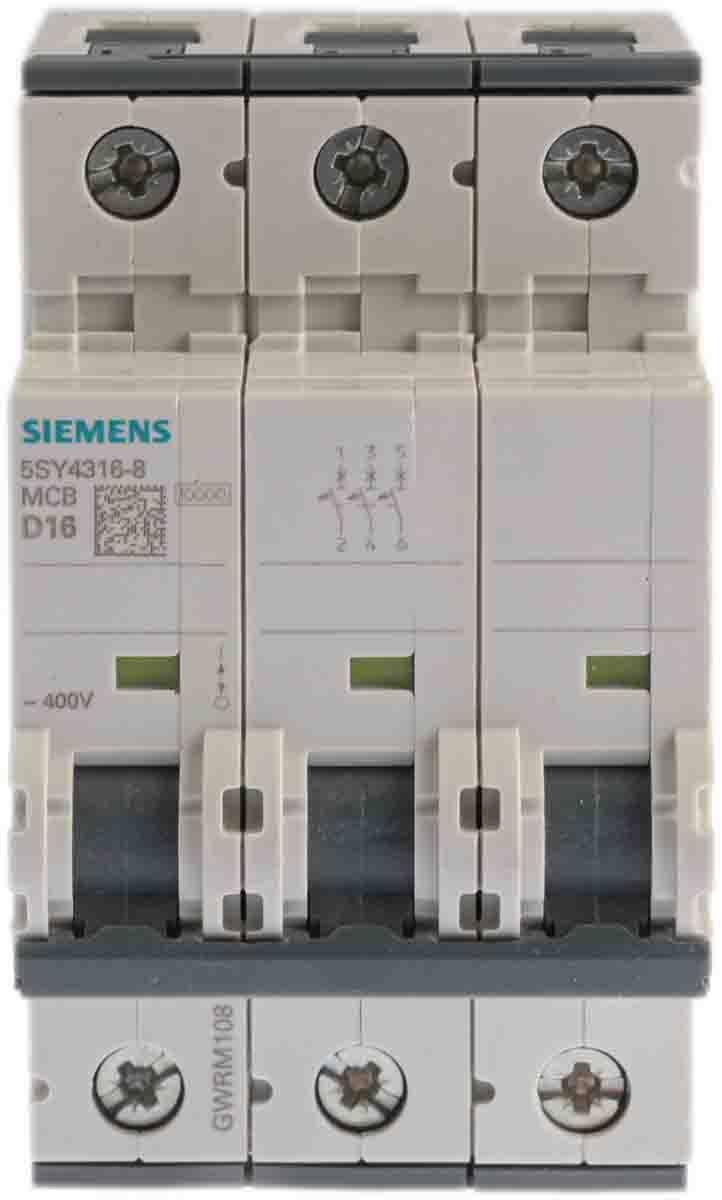 Produktfoto 1 von Siemens 5SY4 MCB Leitungsschutzschalter Typ D, 3-polig 16A 400V, Abschaltvermögen 10 kA Sentron DIN-Schienen-Montage