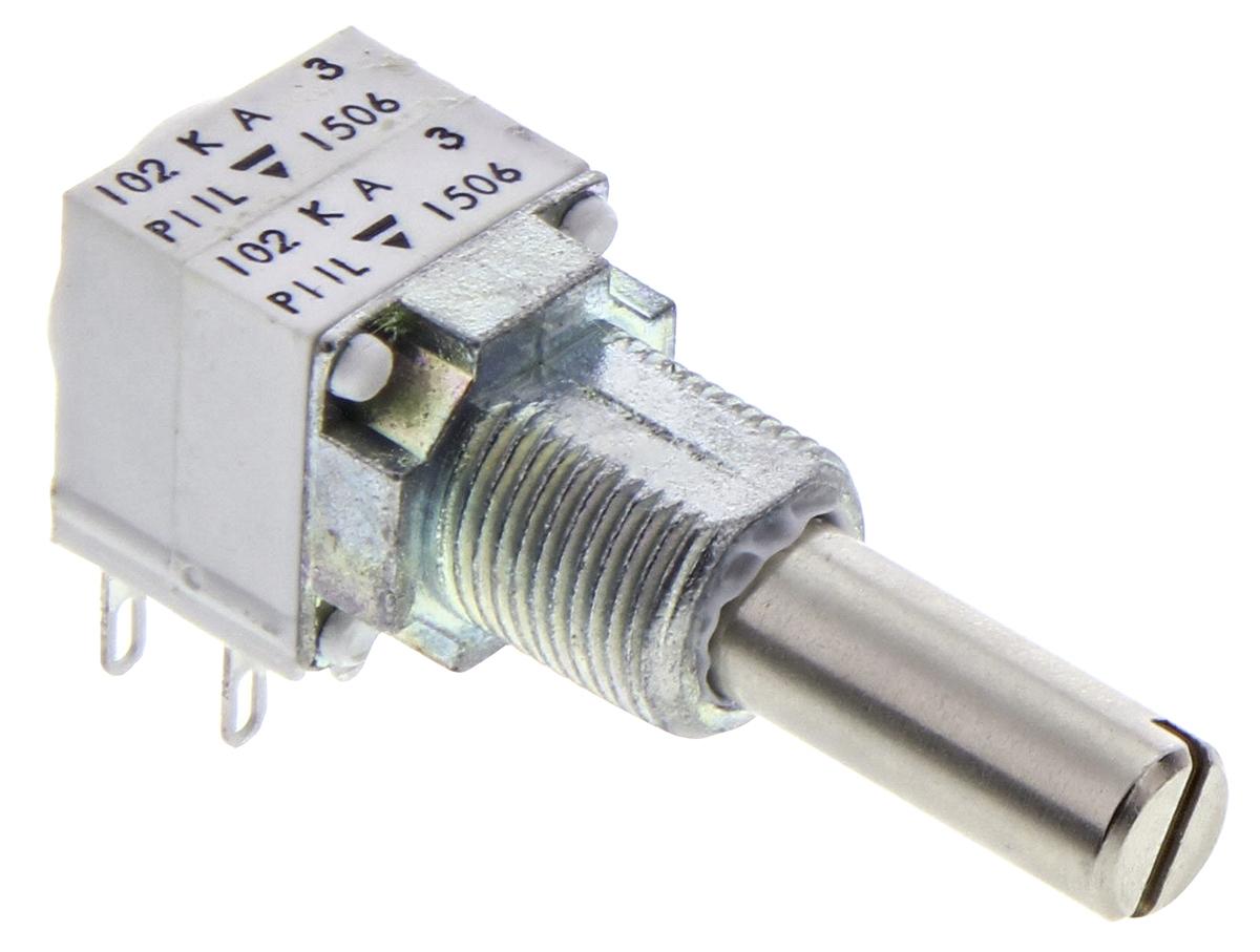 Vishay P11L, Tafelmontage Dreh Potentiometer 1kΩ ±10% / 0.1W / 2 Ausbrüche, Schaft-Ø 6.35 mm