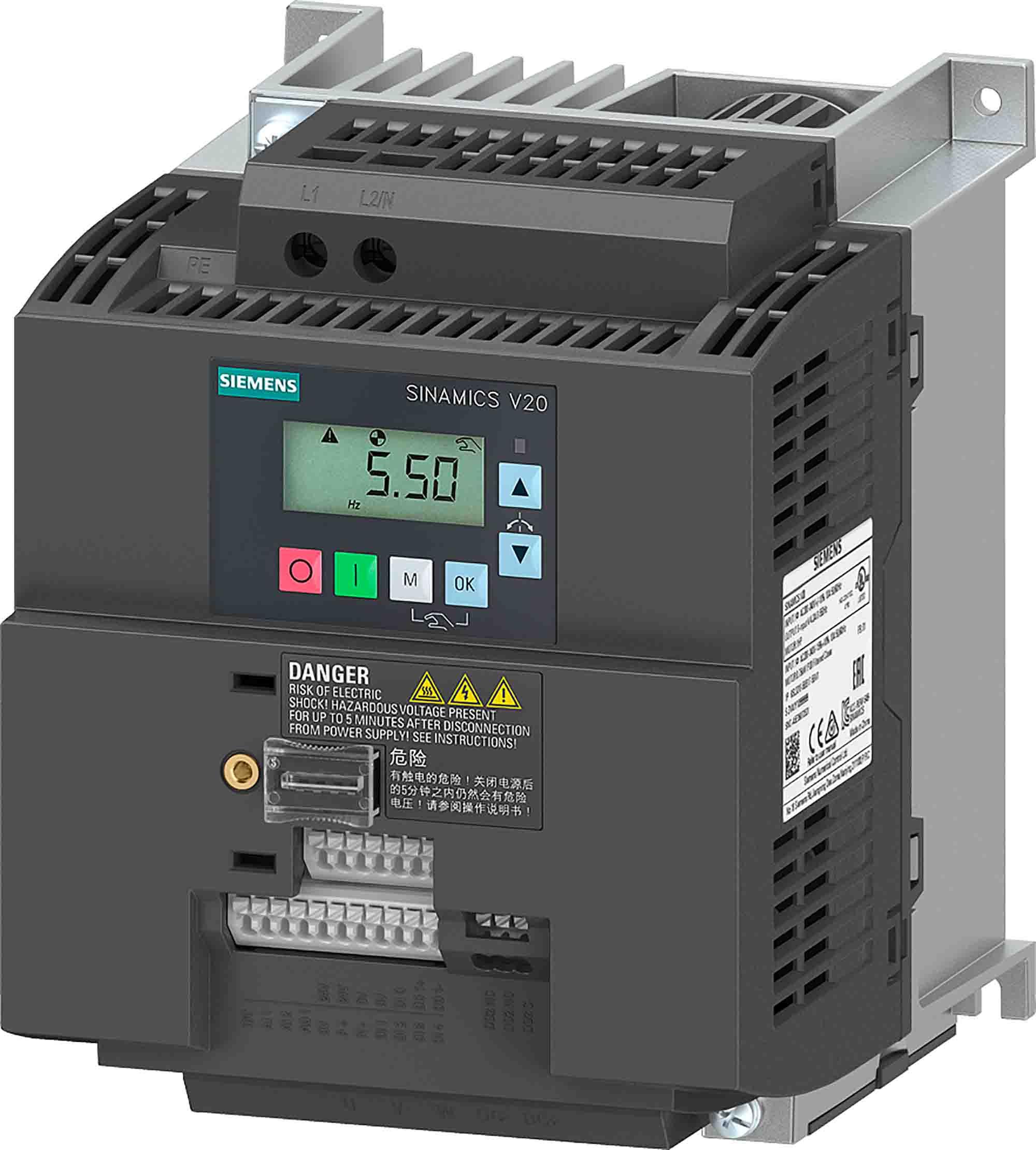 Siemens SINAMICS V20, 1-Phasen Frequenzumrichter 2,2 kW, 200 → 240 V ac / 11 A 0 → 550Hz für Wechselstrommotoren