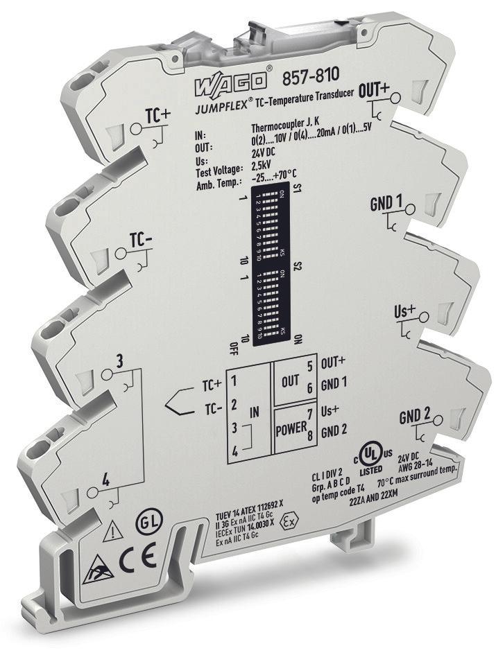 Wago 857 Signalwandler, Signalwandler -150 → 1200 (Type J) Degrees C,  -150 → 1350 (Type K) Degrees C EIN