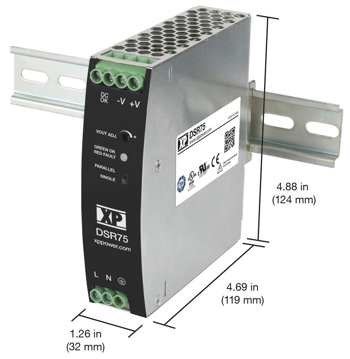 Produktfoto 1 von XP Power DSR75 DIN-Schienen Netzteil 75W, 85 → 264V ac, 12V dc / 6.3A