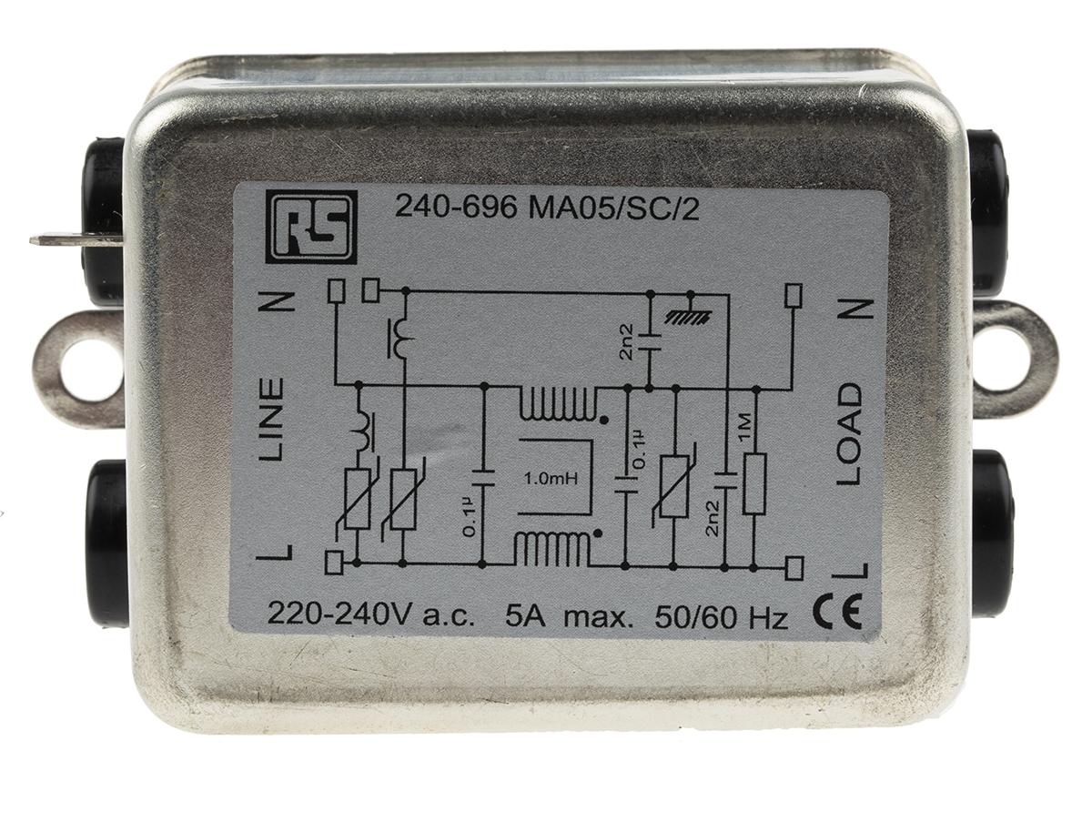 RS PRO Entstörfilter, 240 V ac, 5A, Gehäusemontage, Flachstecker < 0,3 mA / 50/60Hz Three Stage Zustände