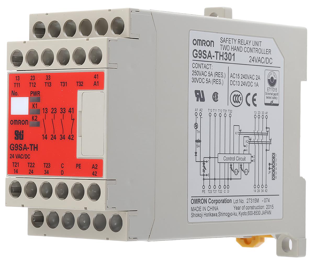 Omron G9SA-TH Sicherheitsrelais, 24V ac/dc, 2-Kanal, 3 Sicherheitskontakte Zweihandsteuerung, 1 Hilfsschalter, 4 ISO