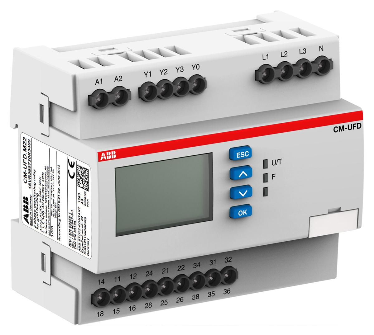 Produktfoto 1 von ABB CM-UFD Überwachungsrelais, für Frequenz, Spannung 1, 3-phasig, 1-poliger Wechsler Überspannung, Unterspannung