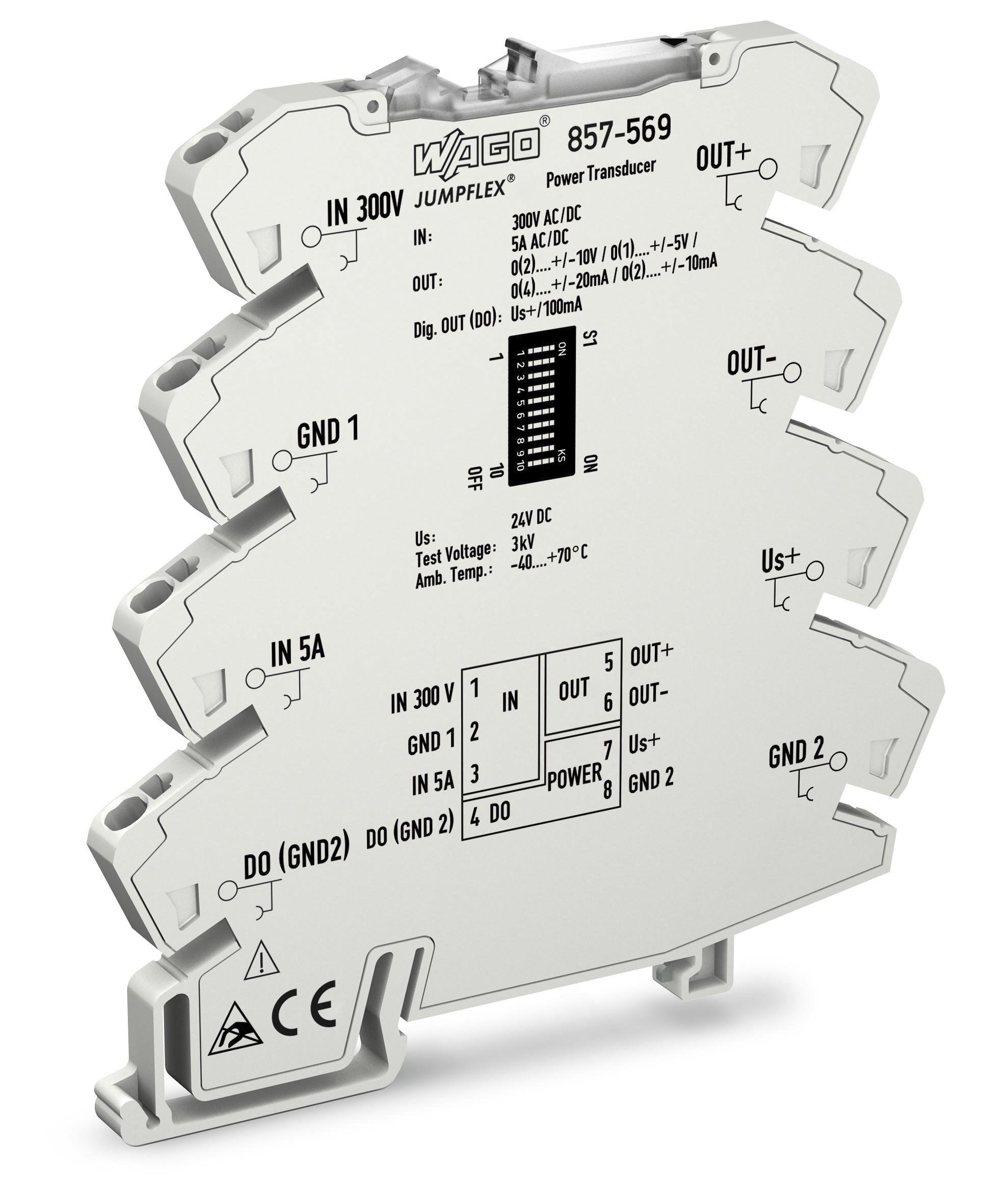 Produktfoto 1 von Wago Jumpflex Signalwandler, Prozesssignalkonverter 24V dc, Strom, Spannung (IN 2) 0 → 5 A, (IN1) 300V ac/dc EIN