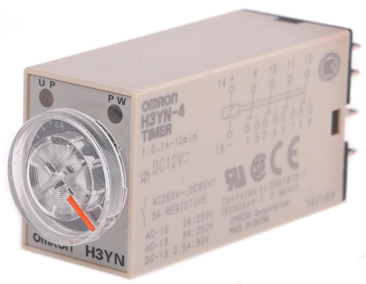 Omron H3YN Zeitrelais, DIN-Schiene, Tafelmontage, 0.1 s → 10min, 12V dc, 4 Kont. Multifunktion