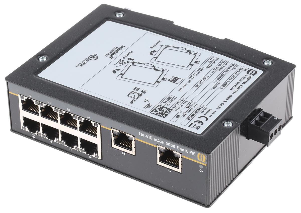 Produktfoto 1 von HARTING Ethernet-Switch, 10 x RJ45 / 10/100Mbit/s, bis 100m für DIN-Schienen, 48V dc