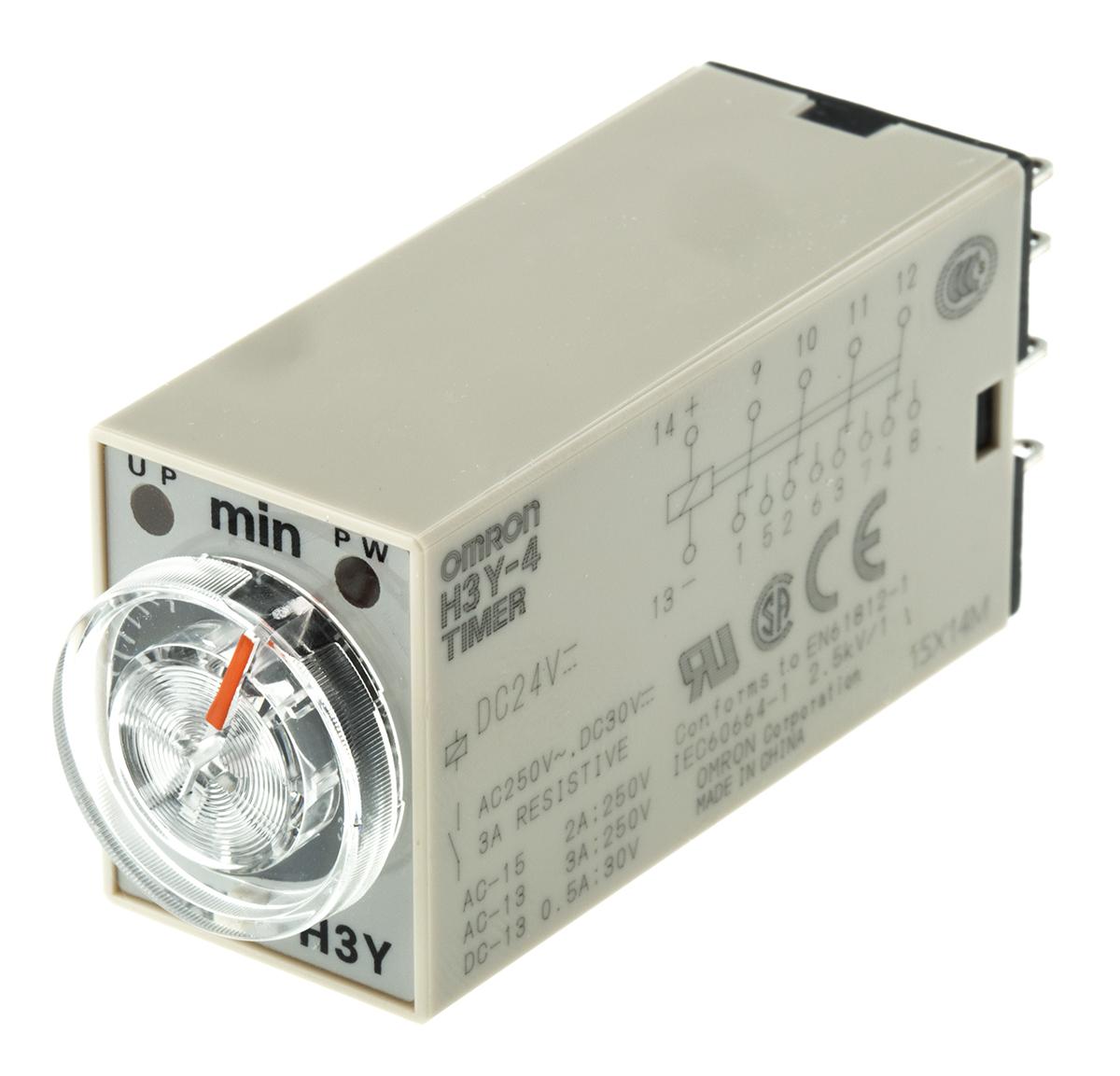 Omron H3Y-4 Zeitrelais, DIN-Schiene, Tafelmontage, 0.1 → 3min, 24V dc, 4 Kont. Einfach, 4-poliger Wechsler