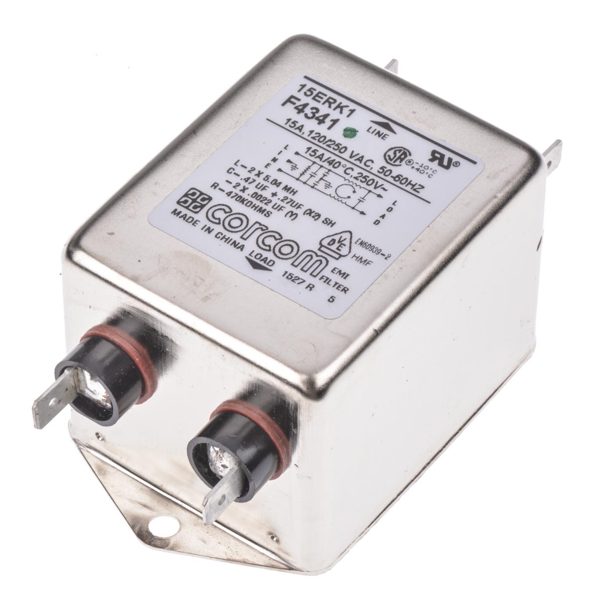 Produktfoto 1 von TE Connectivity Corcom RK Entstörfilter, 250 V ac, 15A, Flanschmontage, 1-phasig 0,26 mA / 50Hz Single Stage Zustände