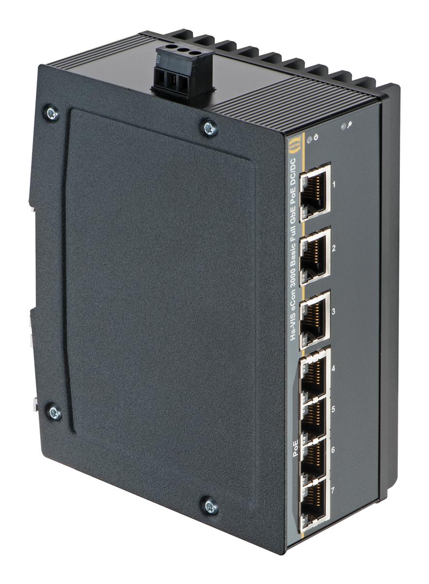 Produktfoto 1 von HARTING Ha-VIS eCon 3000 Unmanaged Ethernet Switch, 7 x RJ45 / 10/100/1000Mbit/s, bis 100m für DIN-Schienen, 24V dc