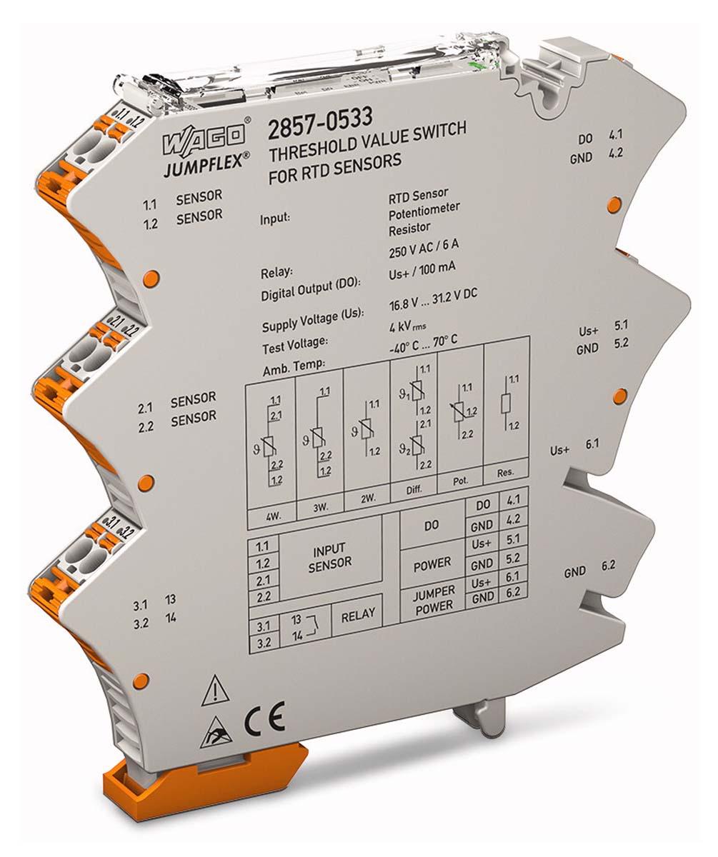 Produktfoto 1 von Wago Signalwandler, Schwellwertschalter, Widerstands-Temperaturfühler (RTD), Potentiometer / Digital, Relais DIN-Schiene