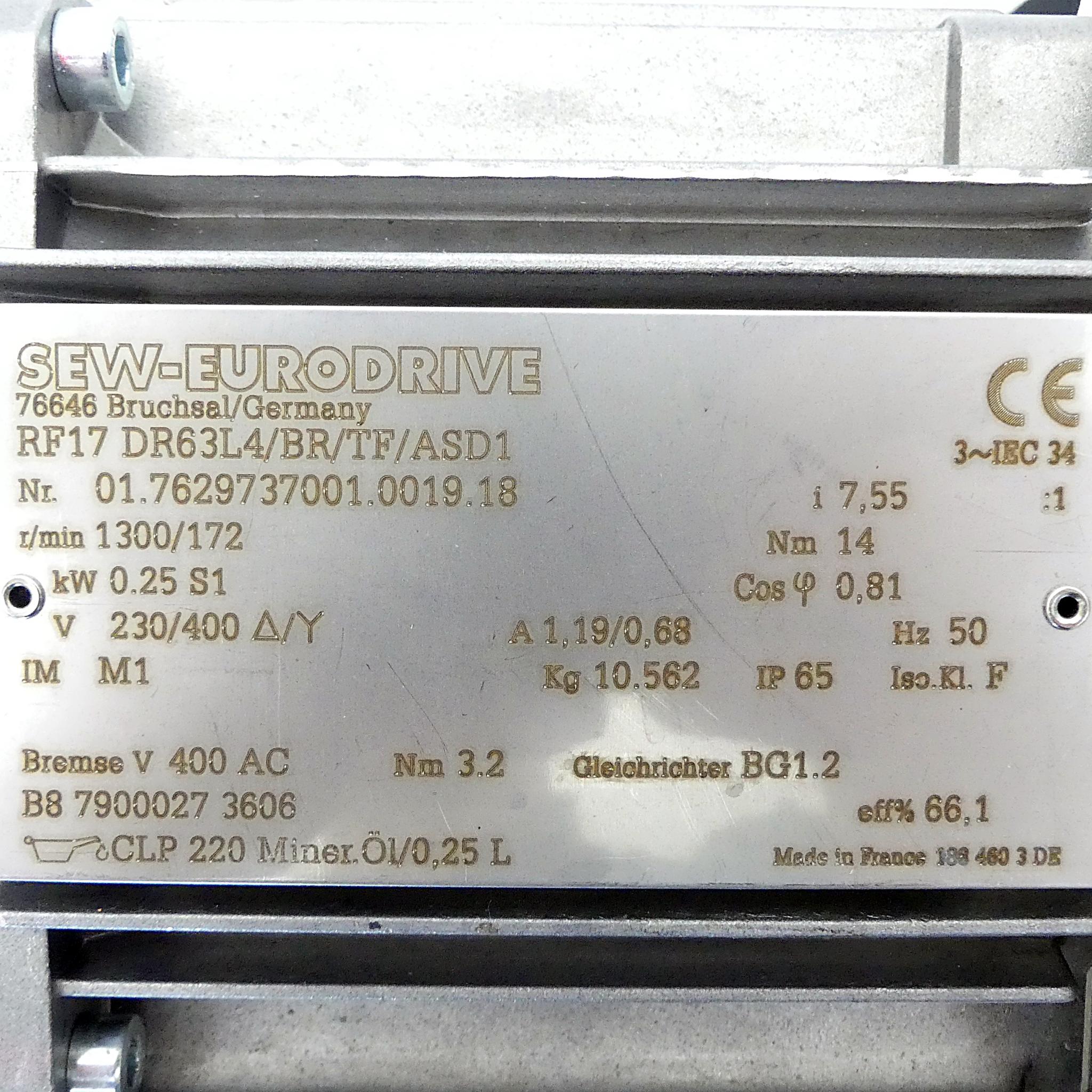 Produktfoto 2 von SEW-EURODRIVE Getriebemotor RF17 DR63L4/BR/TF/ASD1