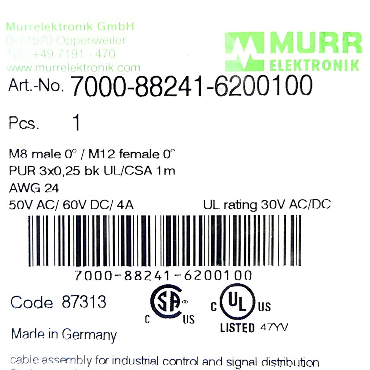 Produktfoto 2 von MURRELEKTRONIK Kabel M8 male 0° / M12 female 0°