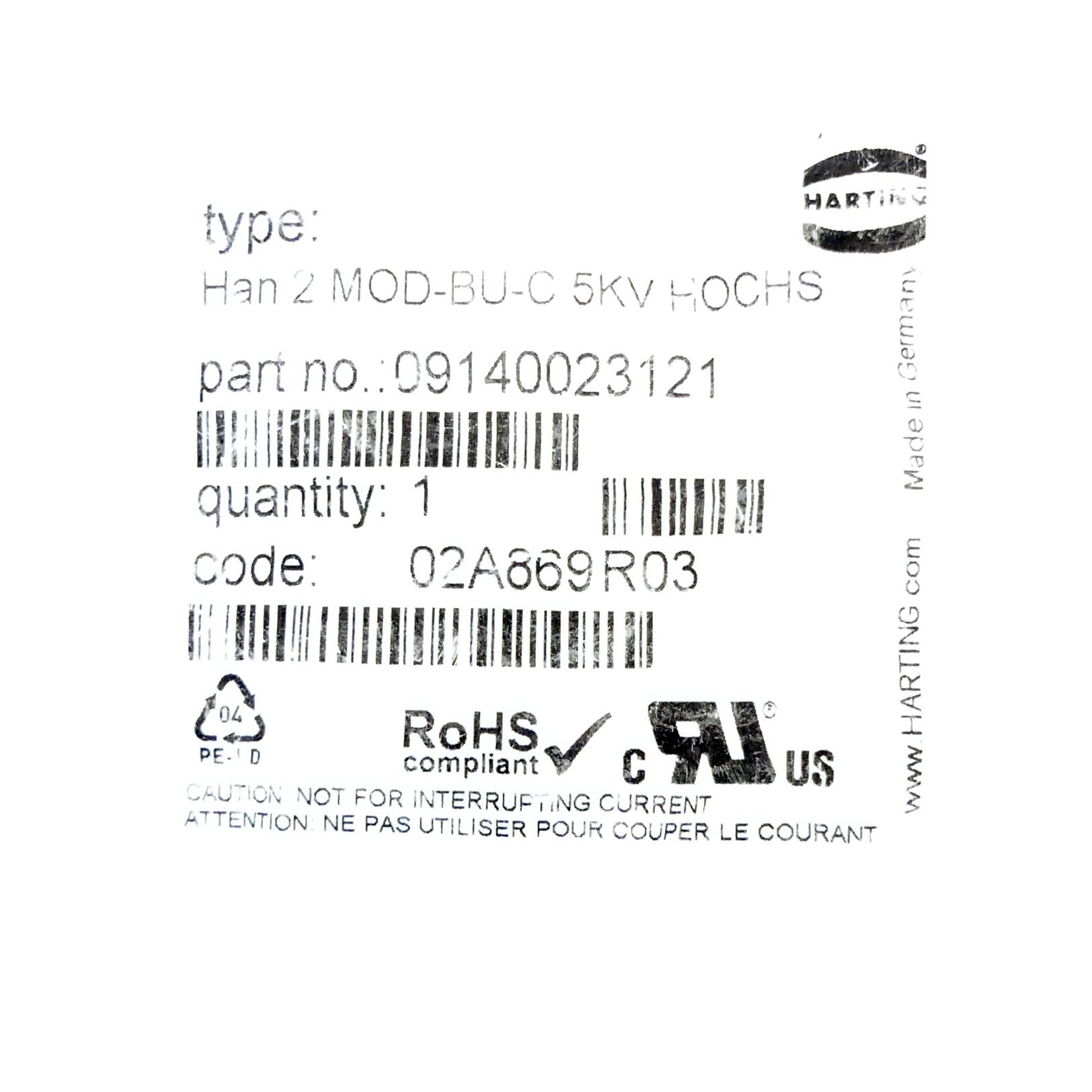 Produktfoto 2 von HARTING Steckverbinder-Modul Han 2 MOD-BU-C 5KV HOCHS