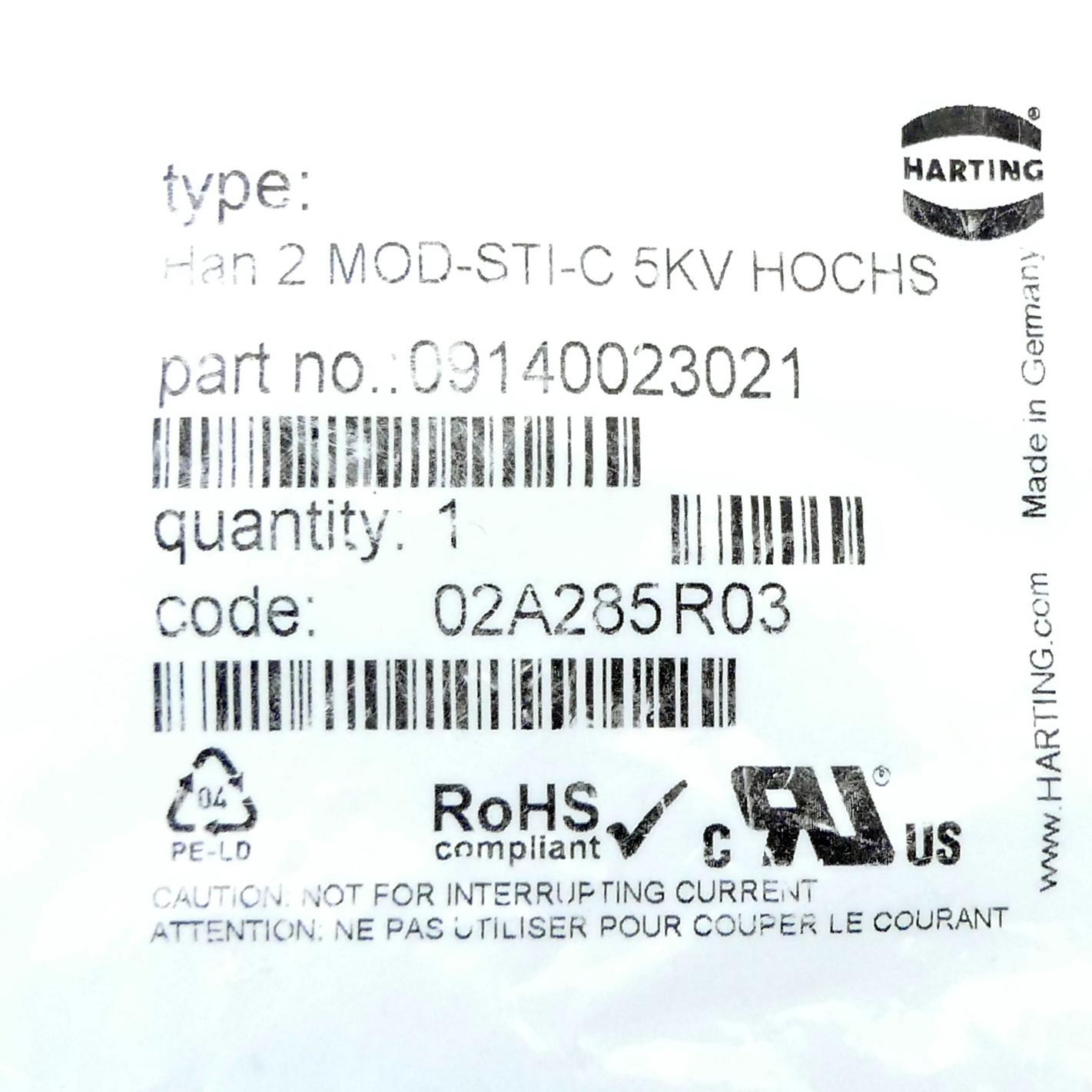 Produktfoto 2 von HARTING Steckverbinder-Modul Han 2 MOD-STI-C 5KV HOCHS