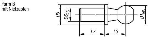 Produktfoto 2 von KUGELZAPFEN DIN71803 FÜR WINKELGELENKE, D1=13, FORM:B MIT NIETZAPFEN, KURZE AUSFÜHRUNG D6=8, L7=5, STAHL VERZINKT