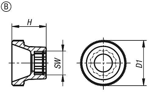 Produktfoto 2 von RÄNDELKNOPF FÜR SECHSKANTSCHRAUBEN D1=36 H=23, FORM:B POM, SCHWARZ, FÜR M10, SW=17