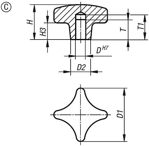 Produktfoto 2 von KREUZGRIFF DIN6335, FORM:C, D=6, D1=32, H=20, GRAUGUSS GLEITGESCHLIFFEN