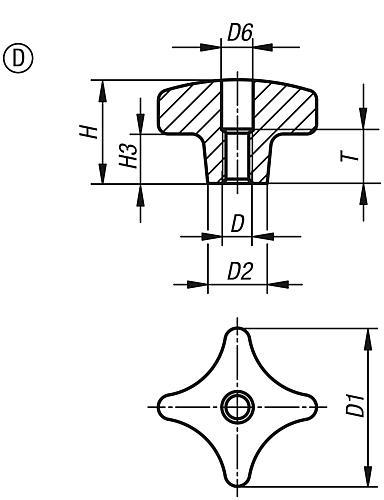 Produktfoto 2 von KREUZGRIFF DIN6335, FORM:D D=M10, D1=50, H=32, GRAUGUSS GLEITGESCHLIFFEN