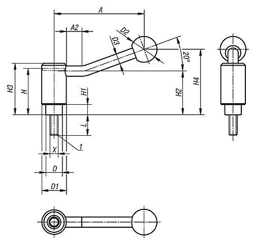 Produktfoto 2 von SPANNHEBEL MIT SICHERHEITSFUNKTION GR.2 M12X20, A=106, FORM:20° STAHL, KOMP:KUNSTSTOFF