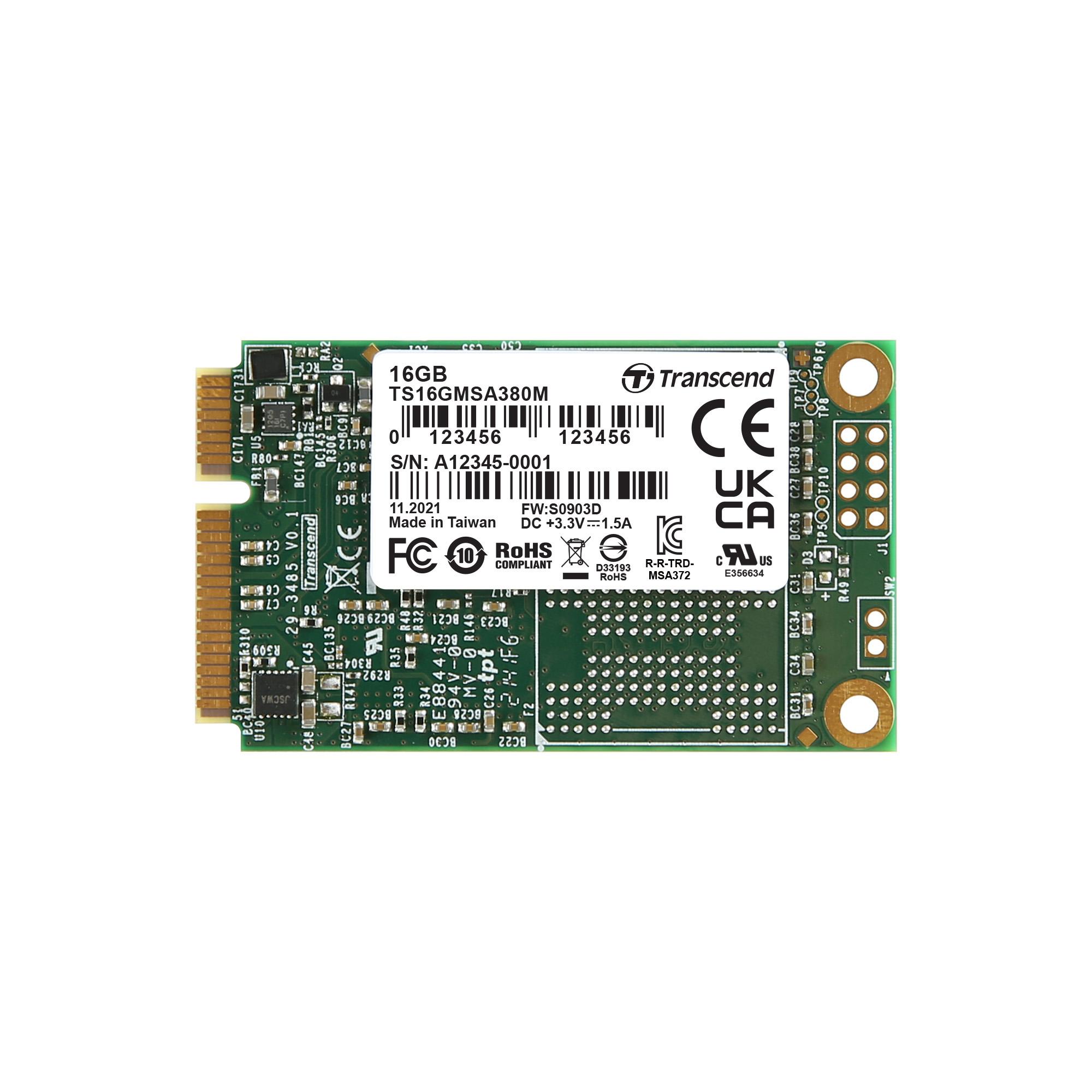 Produktfoto 1 von Transcend MSA380M., mSATA Intern SSD-Laufwerk SATA III Industrieausführung, MLC, 16 GB, SSD