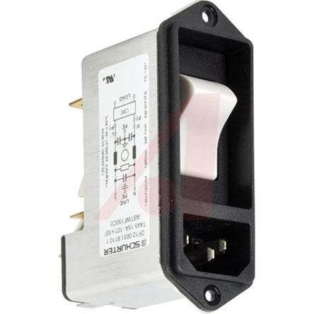 Produktfoto 1 von Schurter C14 IEC-Steckerfilter Stecker mit 2-Pol Schalter, 250 V ac / 15A, Tafelmontage / Flachsteck-Anschluss