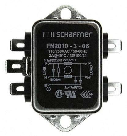 Produktfoto 1 von Schaffner FN2010 Entstörfilter, 250 V ac, 3A, Gehäusemontage 1.1W, Flachstecker, 1-phasig 0,74 mA / 0 → 400Hz