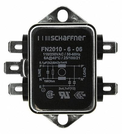 Produktfoto 1 von Schaffner FN2010 Entstörfilter, 250 V ac, 6A, Gehäusemontage 1.7W, Flachstecker, 1-phasig 0,74 mA / 0 → 400Hz