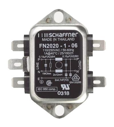 Produktfoto 1 von Schaffner FN2020 Entstörfilter, 250 V ac, 1A, Gehäusemontage 0.8W, Flachstecker, 1-phasig 0,74 mA / 400Hz Single Stage