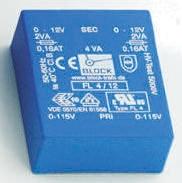 Block Printtrafo, Trafo 115V ac, 230V ac / 24V ac 4VA 2 Ausg. 53mm x 19.6mm x 44mm 145g Durchsteckmontage