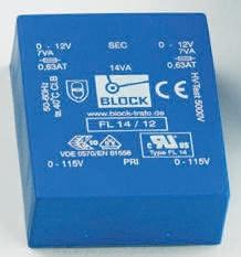 Block Printtrafo, Trafo 115V ac, 230V ac / 8V ac 18VA 2 Ausg. 68mm x 27.6mm x 57mm 375g Durchsteckmontage